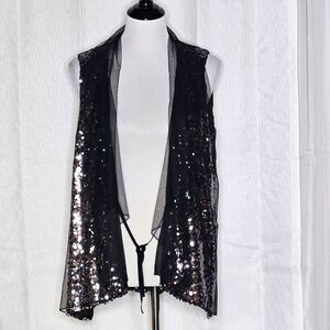 Elie Tahari Black Semi Sheer Sequin & Tulle Versatile Drape Neckline Formal Vest